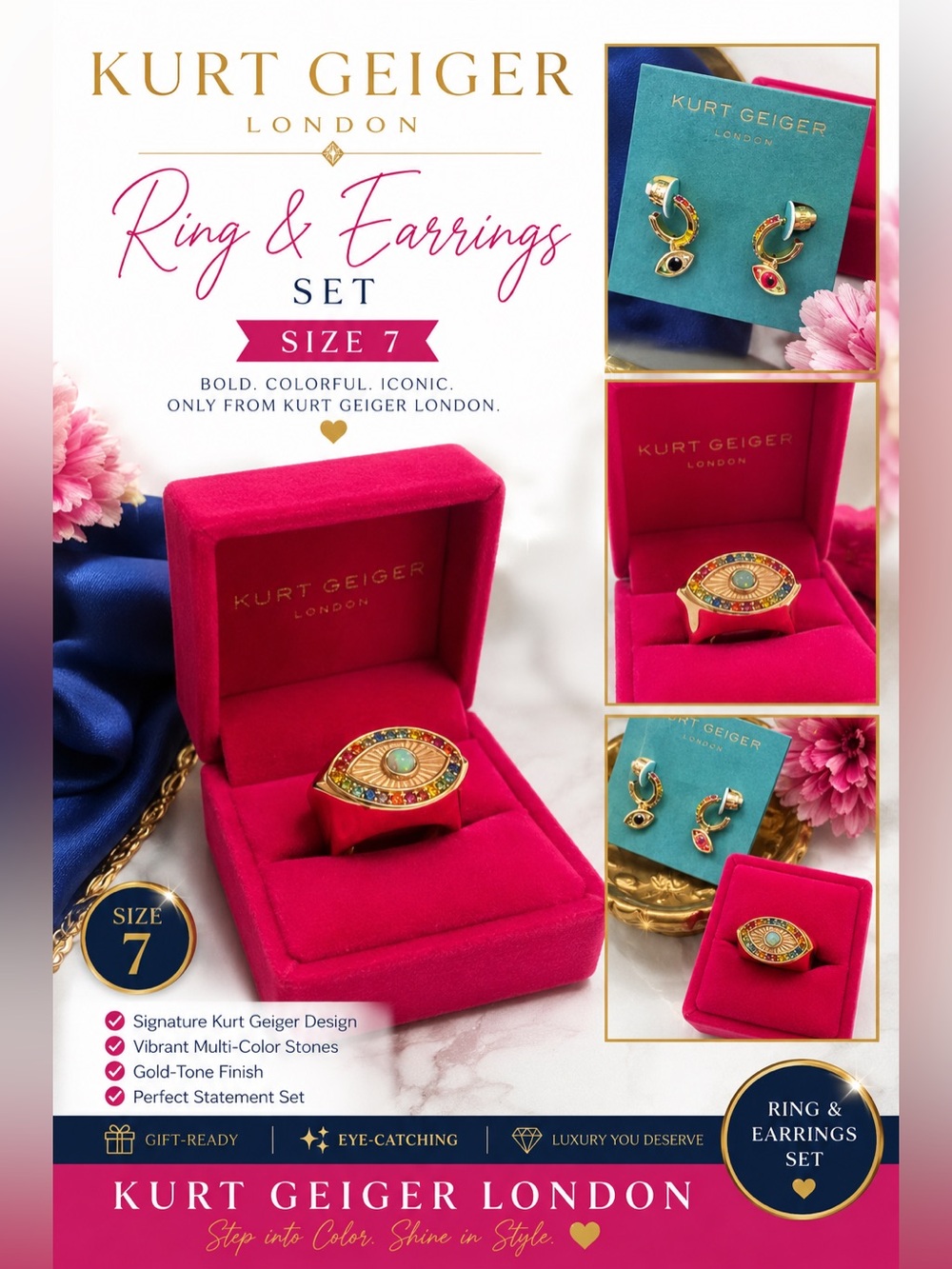 Kurt Geiger Gold-Tone Multi-Color Eye Ring & Earrings Set